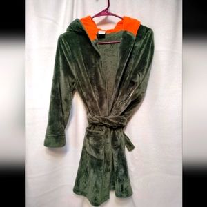 Kids Plush Hooded Robe - Green with Orange Lining